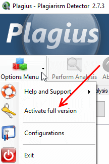 Screenshot of activation button in Plagius menu