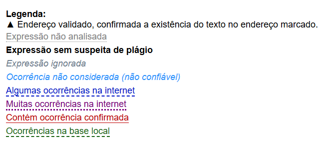 Legenda das cores no resultado da análise