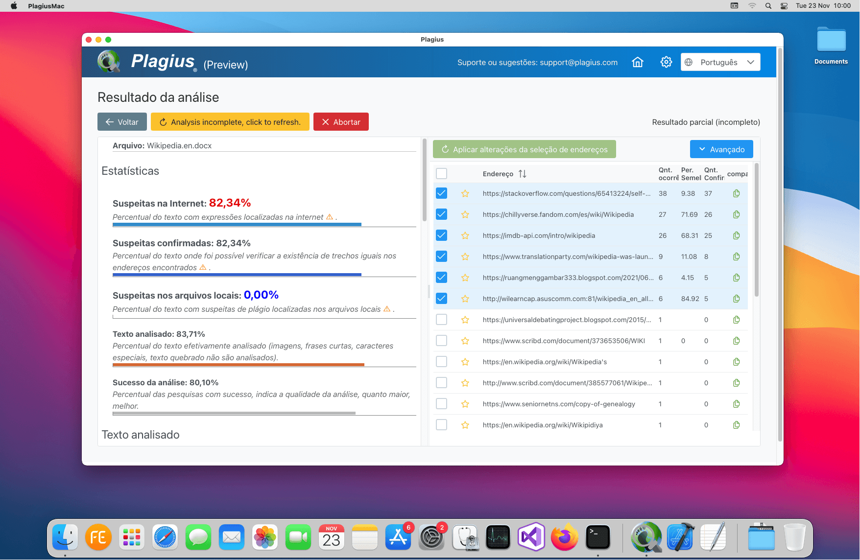 Screenshot da versão experimental do Plagius no MacOS