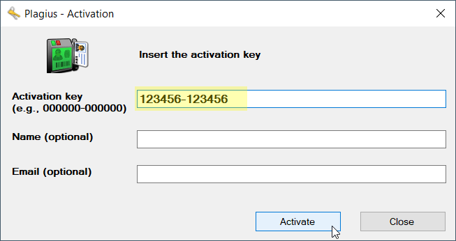 Screenshot of Plagius activation screen