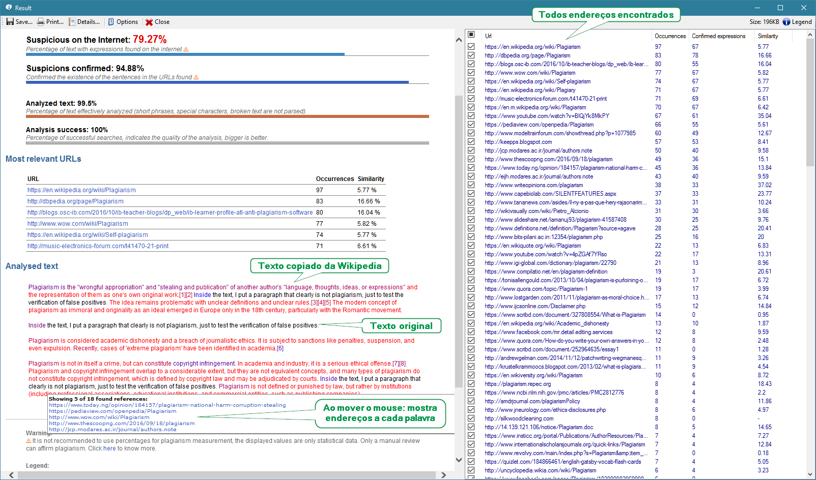 Tela de resultado do Plagius, com dicas